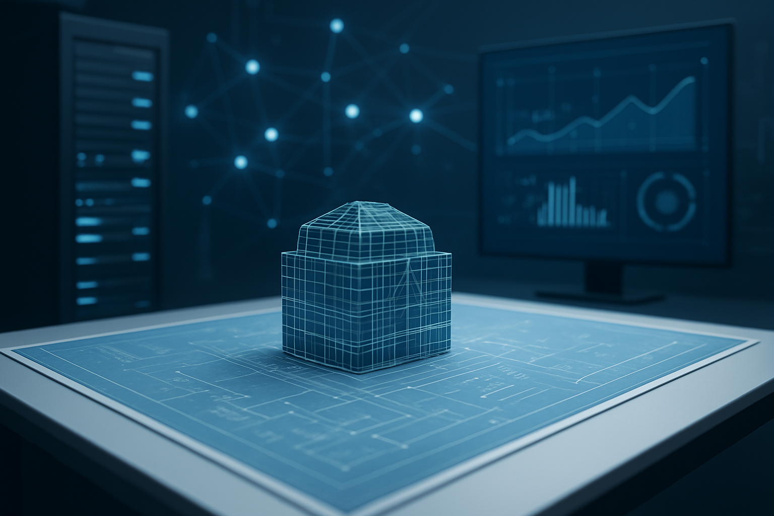 3D CAD model of a building displayed on a blueprint with analytical graphs in the background