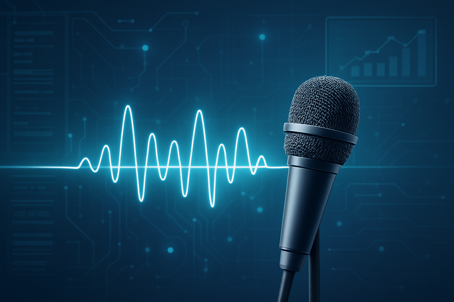 A close-up view of a microphone with a sound wave graphic in the background, suggesting audio technology.