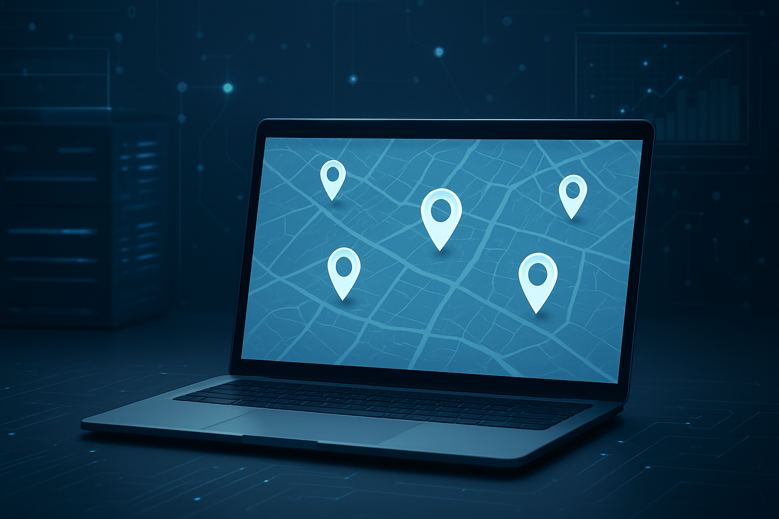 A laptop displaying a digital map with location pins on it.